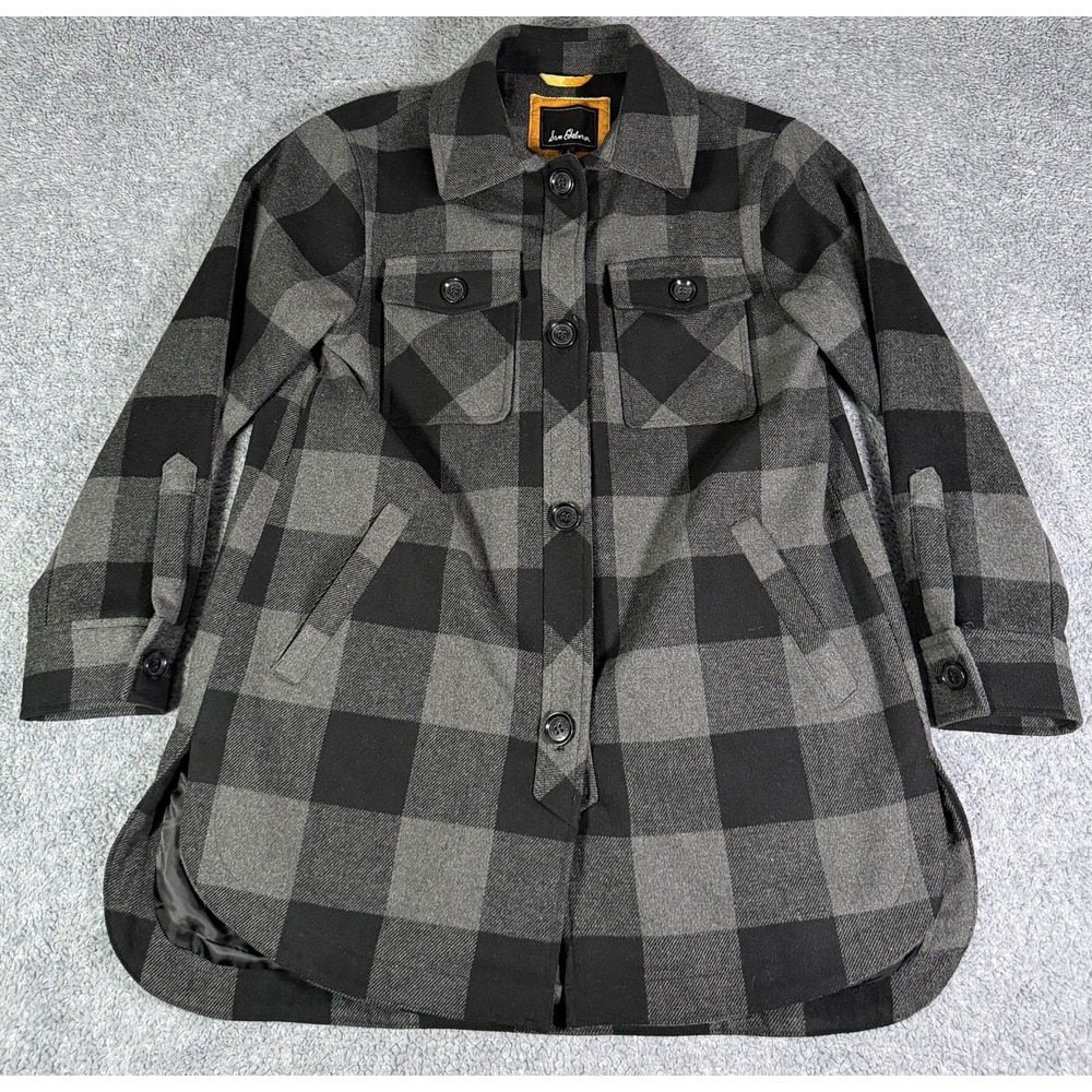 Sam Edelman Womens Small Buffalo Plaid Wool Blend Shacket Jacket Charcoal Black